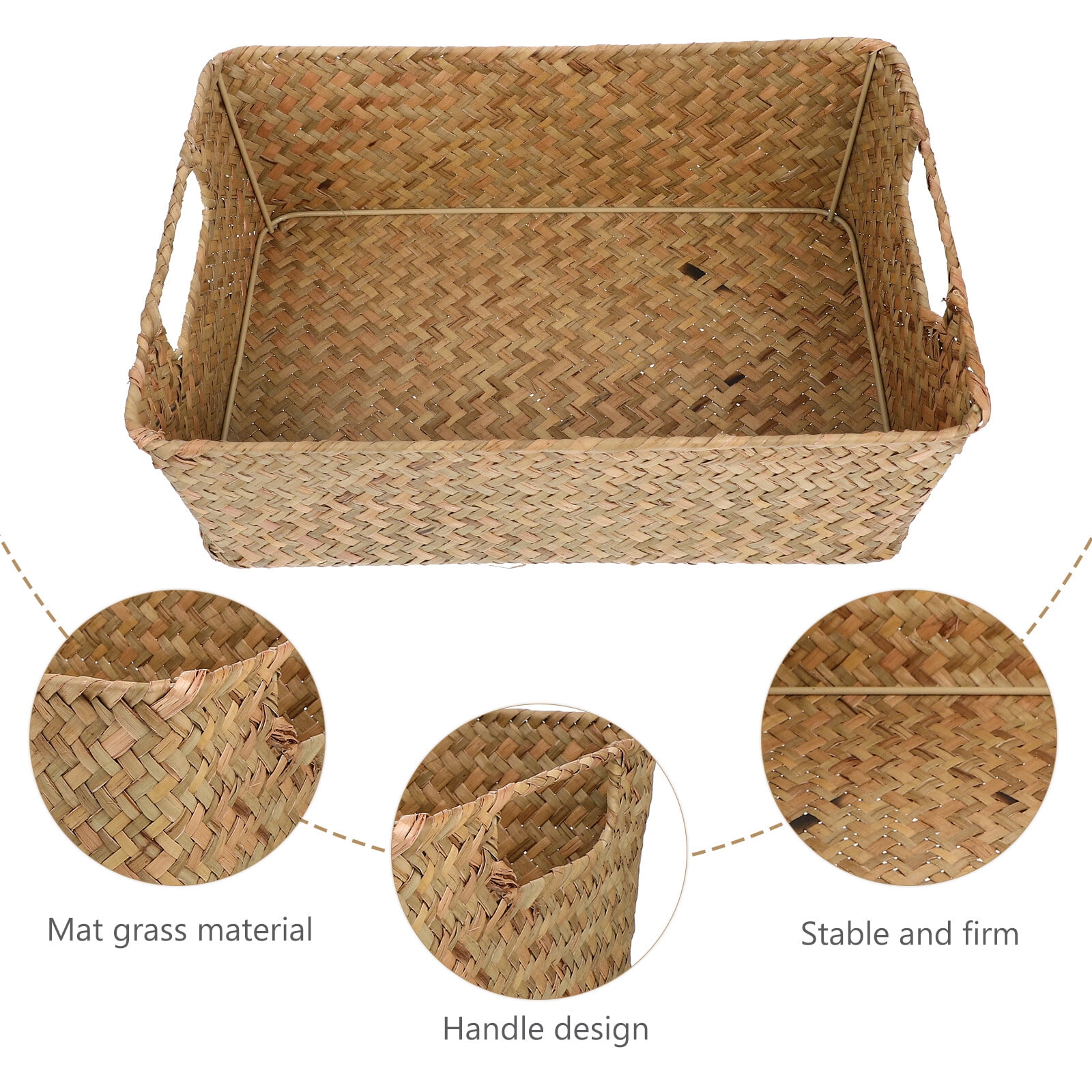 Wicker Storage Basket Hand Woven Seagrass Baskets with Handles Rectangle Natural Bread Basket for Bathroom Pantry Kitchen Closet Shelf Organizing