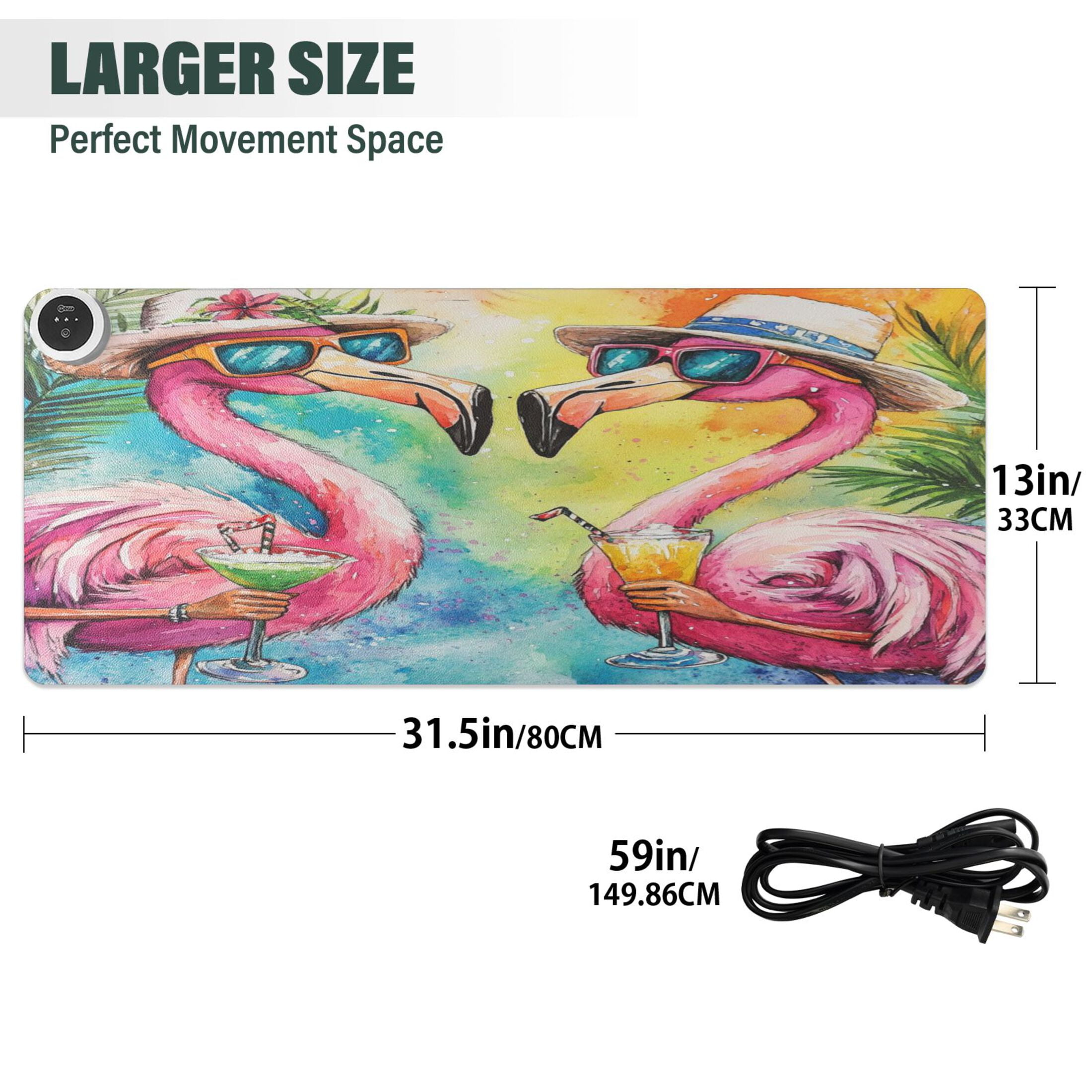 Wobogo Summer Flamingos Heated Mouse Pad Extra-Large Desk Mat With 3 Heating Levels and 3-hour Auto Shut-Off Protection Ideal for Computer Keyboards Home Office Hand-warming Essential 31.5in × 13in