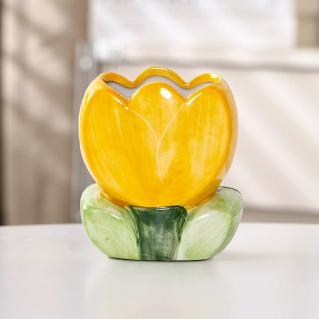 Fiudx Bonita Maceta de Cerámica con Elegante Diseño de Tulipán, Versátil Organizador de Maquillaje, Multifuncional, Ideal para El Hogar y La Oficina, Ideal Como Regalo para Ocasiones Especiales, 12,2