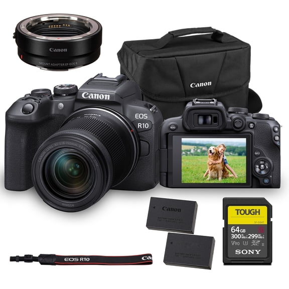 Canon EOS R10 Mirrorless Camera with RF-S 18-150mm Lens – 24.2MP APS-C Sensor, 4K 60p Video, Dual Pixel AF II, Compact Travel-Friendly Design (5331C016)   Adapter EF-EOS R   64GB Card   More