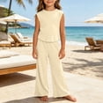 thumbnail image 2 of THDHVS Girls Fall Outfits,Girls Ribbed Sleeveless Round Neck Top Wide Leg Pants Summer Stretchy Casual 2 Piece Set,Toddler Girl Outfits Beige 5-7 Years, 2 of 8