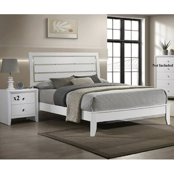3pc Beautiful White Finish Queen Size Panel Bed 2x Nightstands Set Wooden Bedroom Furniture