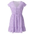 thumbnail image 4 of Prolriy Robes Printemps Été pour Femmes 2025 Robes d'Été à Manches Courtes à Fleurs Col en V Boutonnée Robes Courtes pour Femmes, Robes pour Femmes Violet L, 4 of 6
