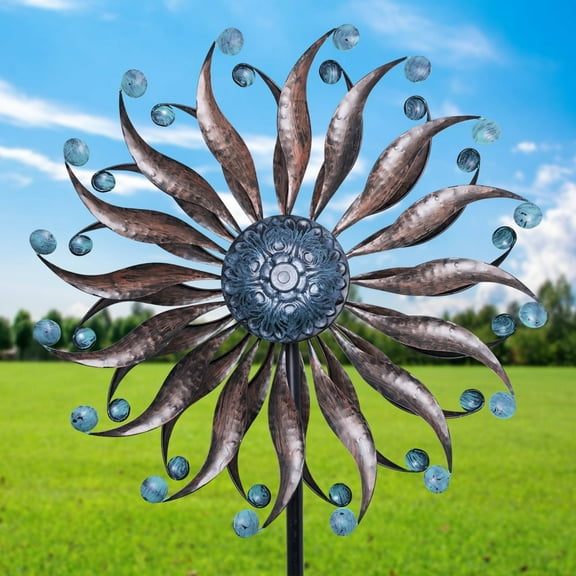 84" Large Metal Wind Spinner Outdoor Garden Decor – 3D Kinetic Dual Rotating Wind Sculpture, Blue Bronze Yard Art, Heavy Duty Weather Resistant Lawn Stake