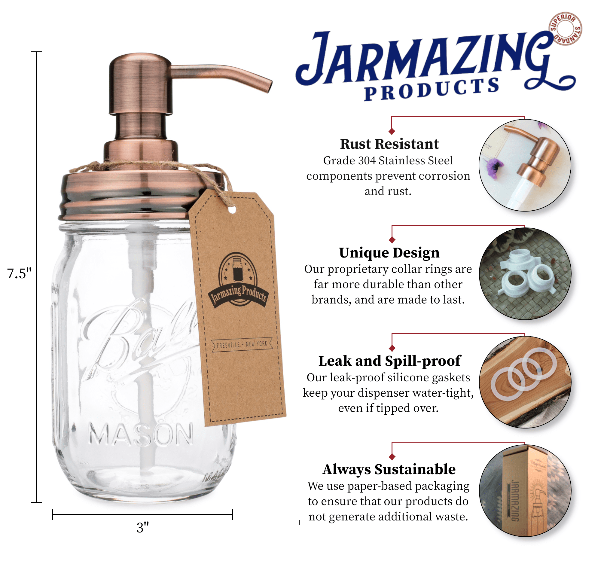 Classic Farmhouse 16oz Ball Glass Mason Jar Soap Dispenser - Copper