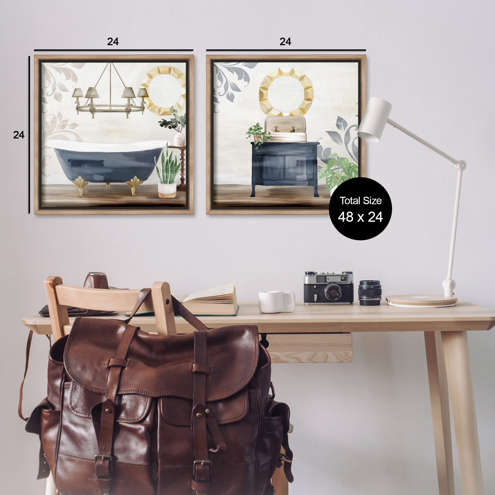 Stupell Industries Chic Bathroom Interior Still Life Abstract Painting Brown Floater Framed Canvas Art Print Wall Art, 25 x 25, Set of 2
