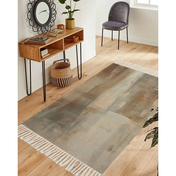 Brown Washable Area Rug 3'x5', Oil Painting Abstract Art Contemporary Woven Cotton Tassels Kitchen Rugs, Non Slip Indoor Door Mat Throw Carpet for Entryway Living Room Nursery Laundry Room