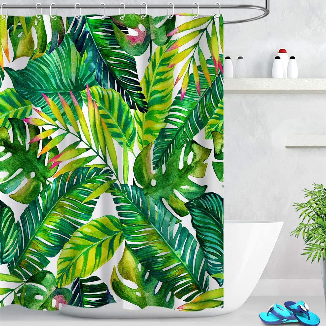 Green Leaf Waterproof Bathroom Polyester Shower Curtain Liner Water Resistant 