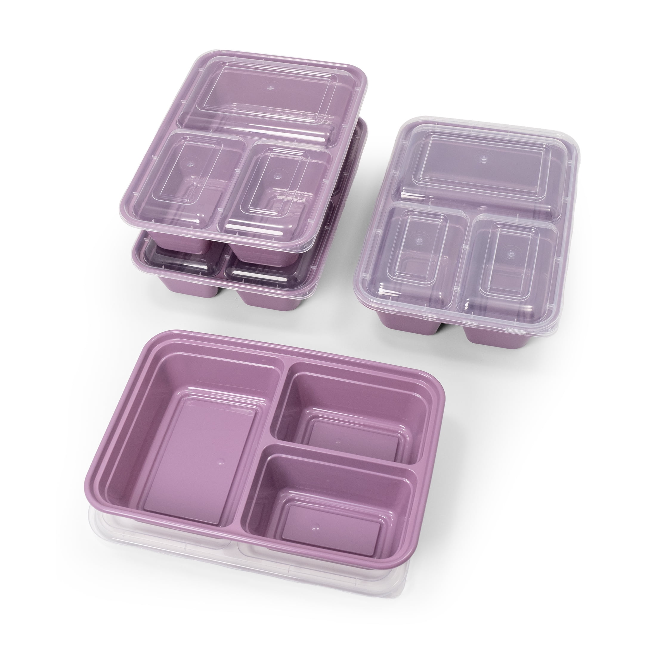 Mainstays 5-Pack 3-Compartment BPA-Free Plastic Meal Prep Food Storage Containers, 1.2L, Lilac Bloom