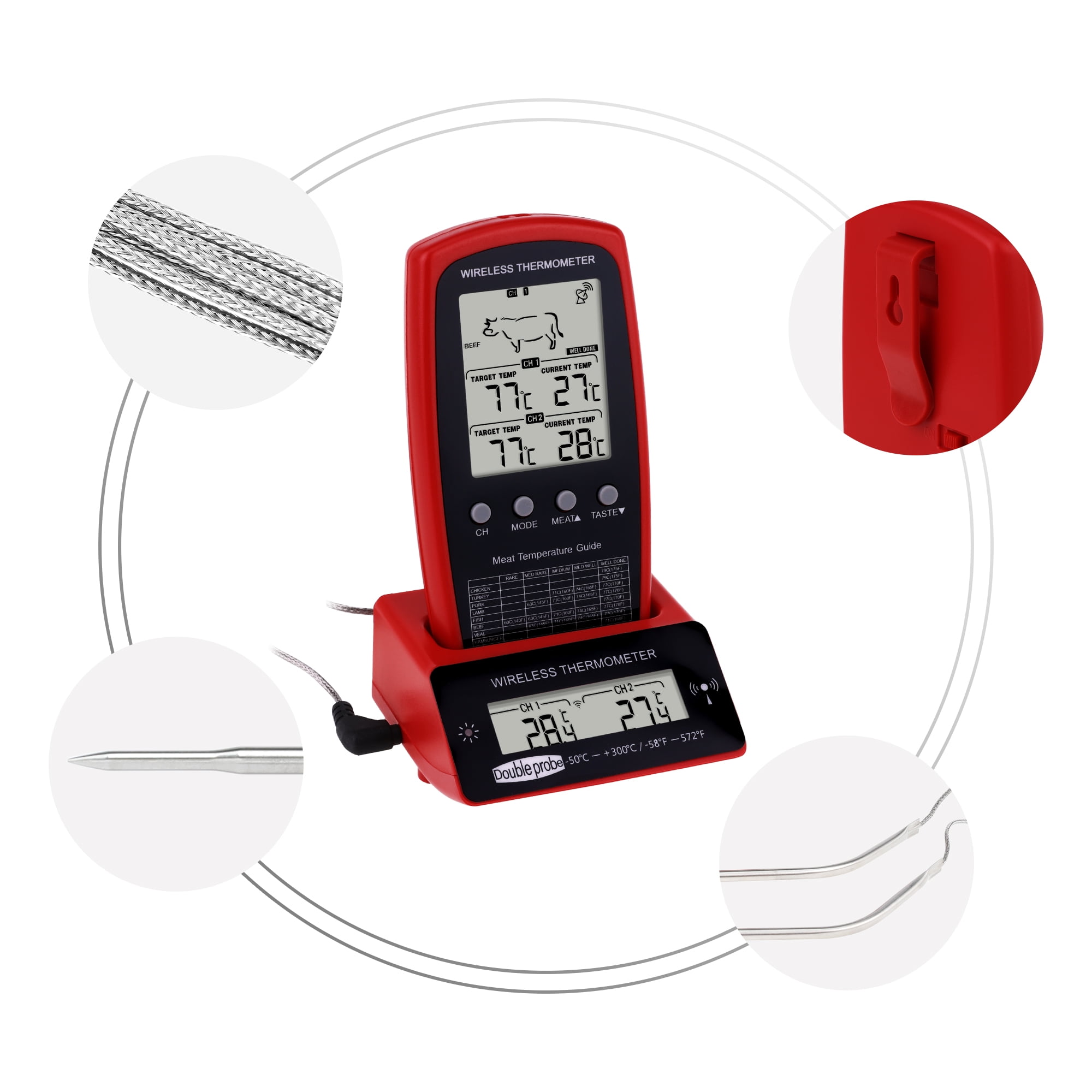 Unique Bargains Digital Meat Thermometer with 2 Temperature Probes Red/Black