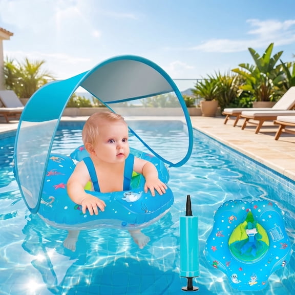 Baby Pool Float with UPF 50 Removable Sun Canopy for 3-36 Months Infants, Anti-Flip Anti-Slip Adjustable Safety Swimming Float with Dual Airbags for Backstroke & Breaststroke