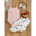 thumbnail image 4 of Seyurigaoka 3Pcs Baby Girls Summer Sets, Solid Color Romper + Fruit Print Skirt Hem Shorts + Headdress, 4 of 8