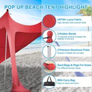YUEWO Beach Canopy Sun Shade with UPF 50+ UV Protection, Beach Tent Sun Shelter with Sandbags, Poles and Ground Pegs, Anti-Wind Ropes, Outdoor Pop Up Tent for Camping, Backyard and Picnics (Red)