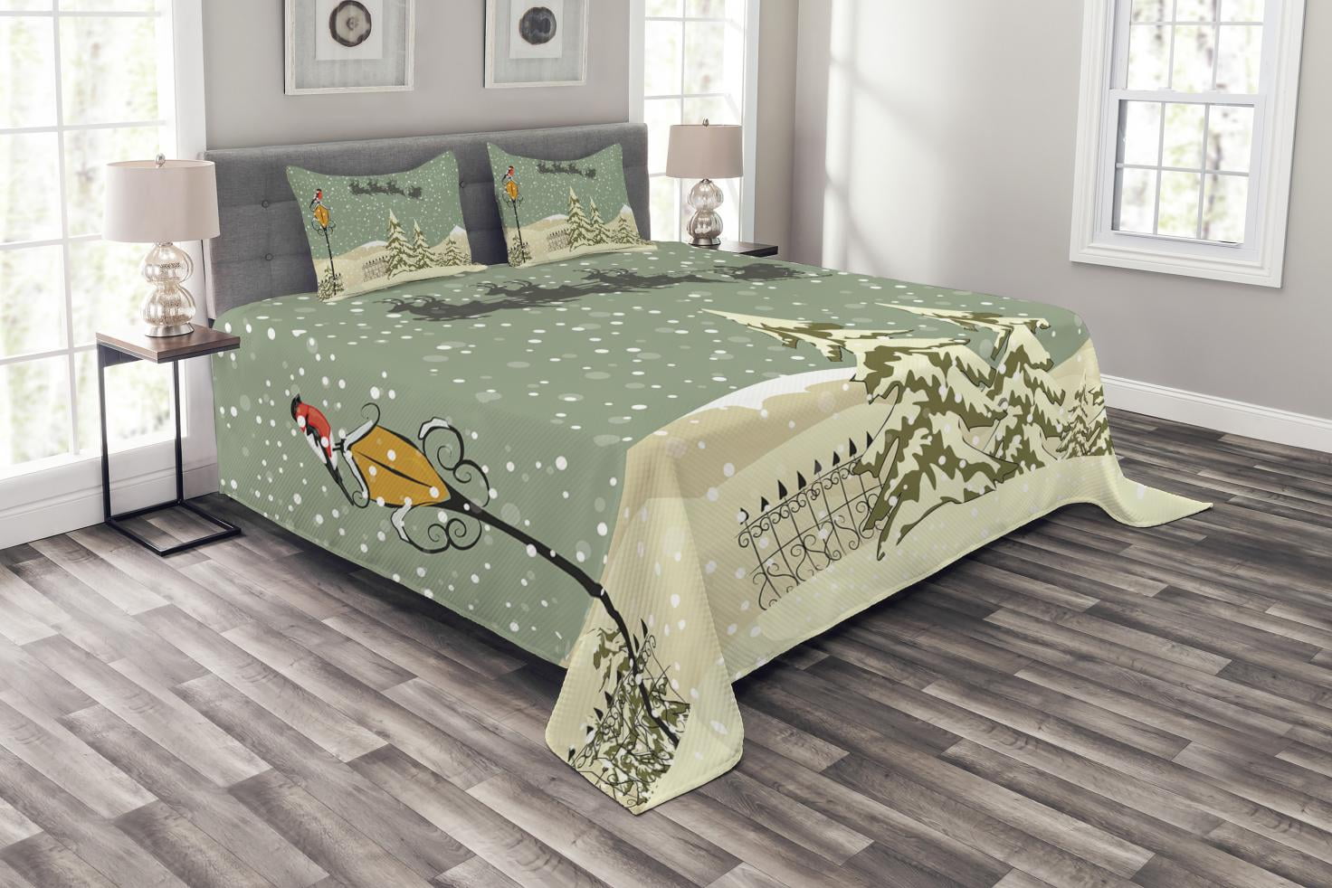 Christmas Bedspread Set Queen Size, Santa Claus Flying Reindeer Christmas Festive Composition 
