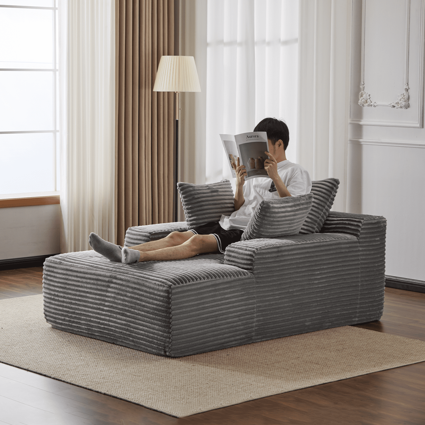 Oversized Chaise Lounge Chair Indoor, Corduroy Upholstered Sleeper Sofa Daybed with 3 Throw Pillows and Wide Armrest for Living Room, No Assembly Required,Gray