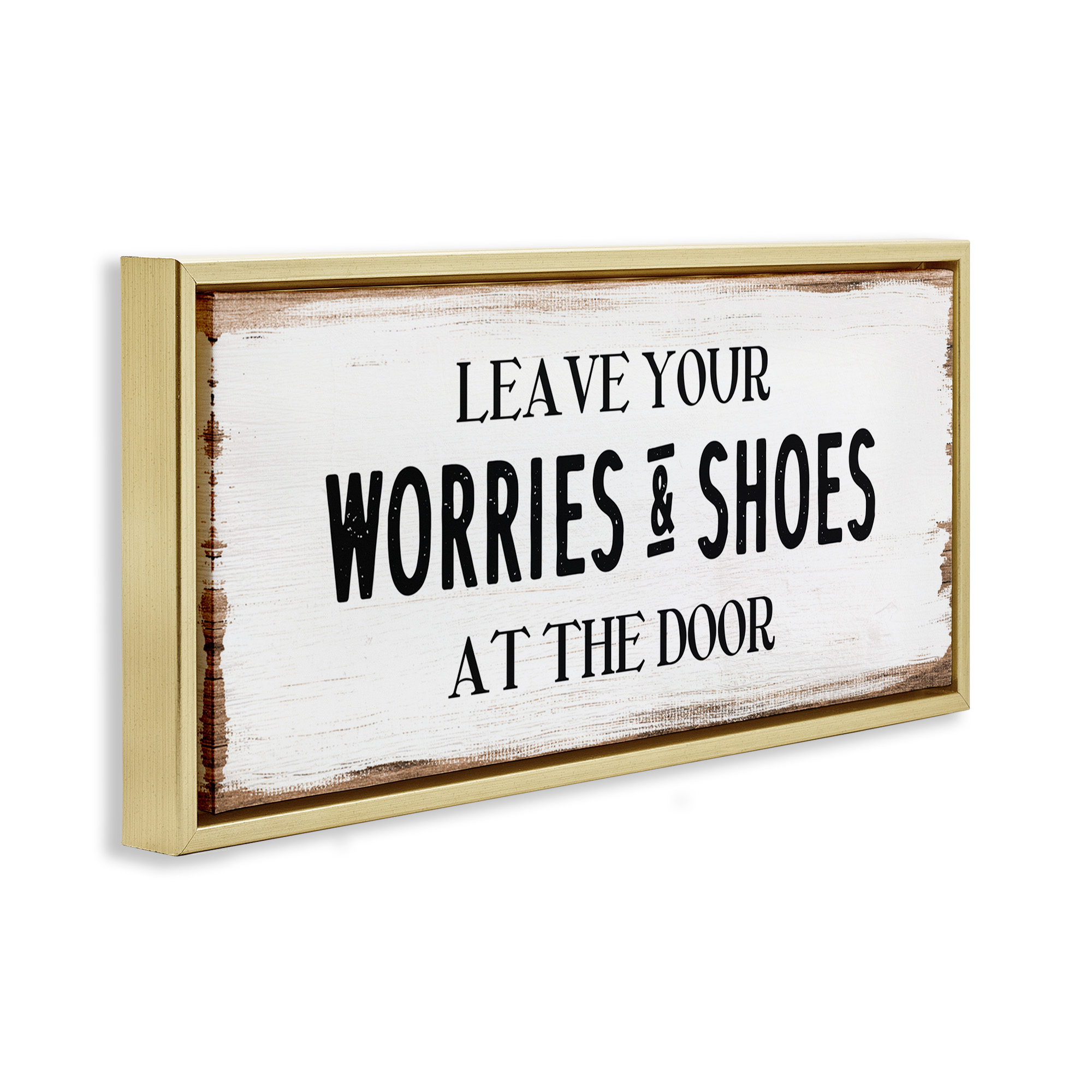 Stupell Industries Worries & Shoes At Door Phrase Typography Painting Gold Floater Framed Canvas Art Print Wall Art, 31 x 14