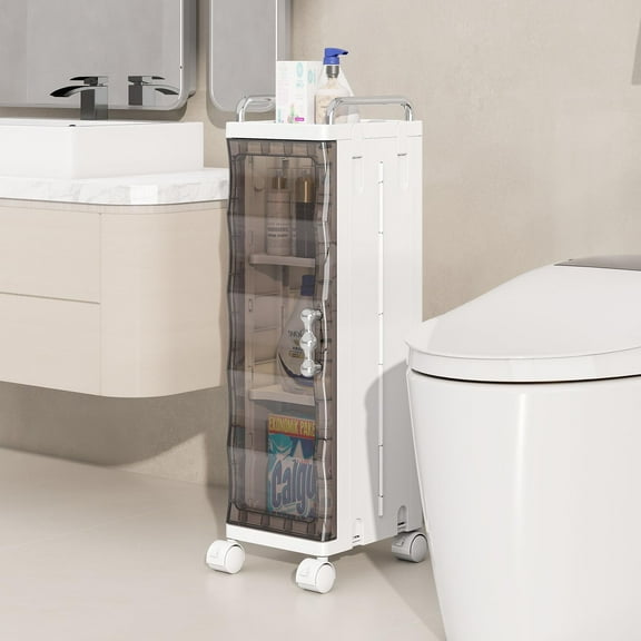 KHNR 52.76" Tall Narrow Bathroom Storage Cabinet with Doors and 2 Shelves Slim Plastic Waterproof Organizers Foldable Floor Skinny Cabinets for Small Spaces Kitchen Laundry Room Bedroom,Clear Gray