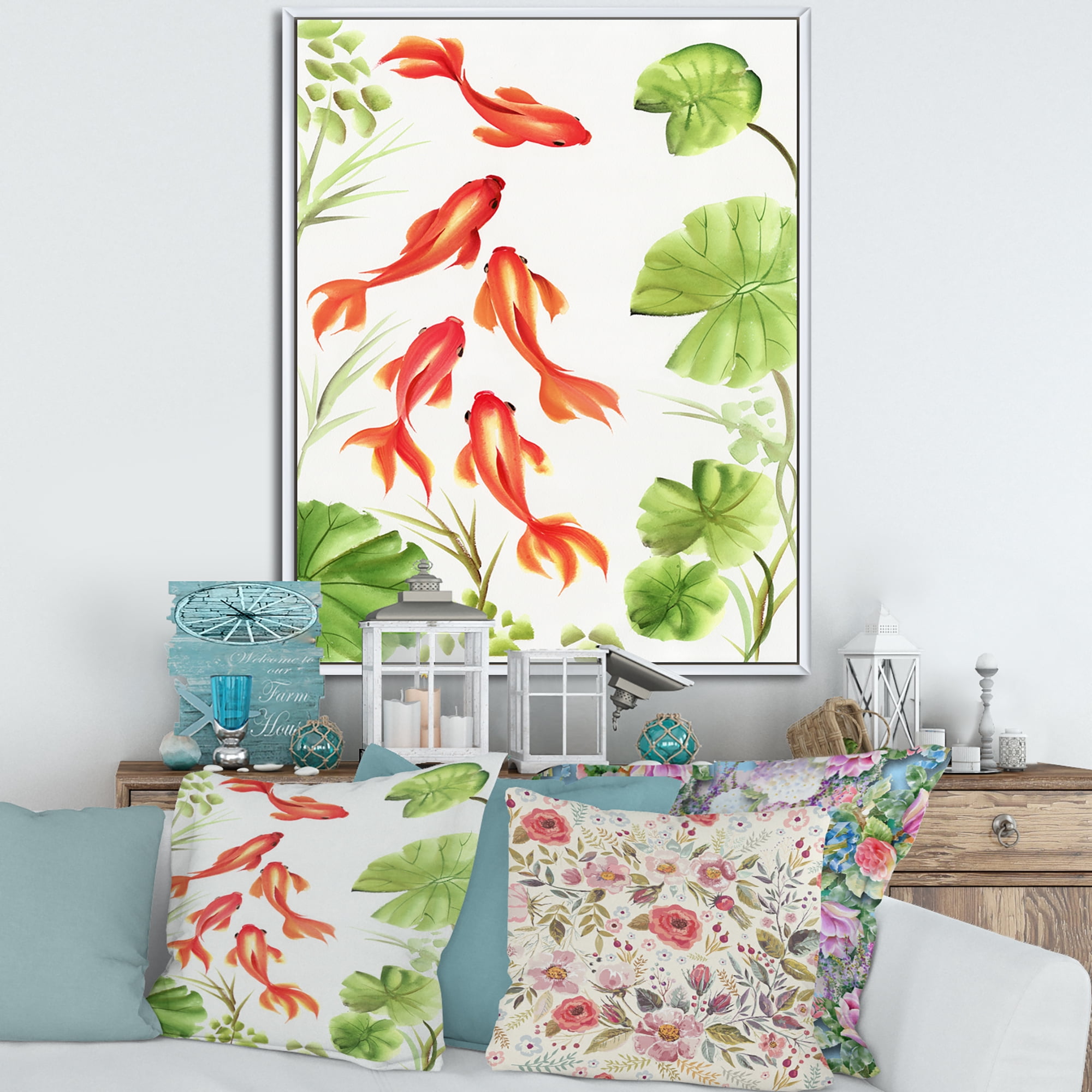 Ancient Goldfishes Among The Lotus Leaves 16 in x 32 in Framed Painting Canvas Art Print, by Designart