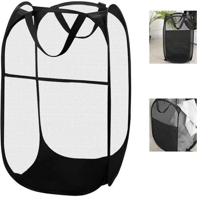 Cesto de malla plegable para ropa sucia, redondo, plegable, color negro, compatible con asas, para niños, ideal para el hogar.