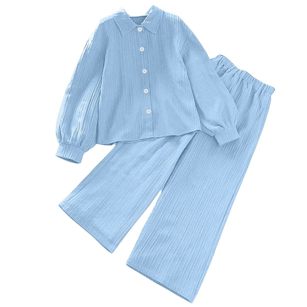Odeerbi 8-12 Años Niños Niñas Algodón Conjuntos Camisa Manga Larga Pantalones Pierna Ancha Conjunto Primavera Solapa Camisa Pantalones Dos Piezas Conjunto