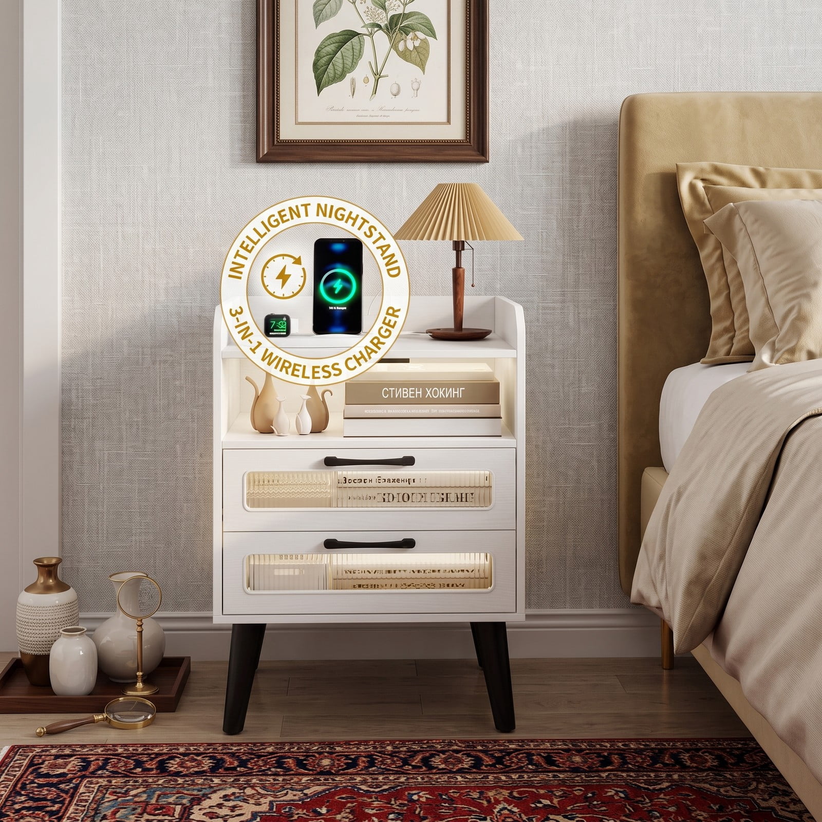 Furnibear Mid Century Nightstand with Charging Station and LED Lights, Bedside Table with 2 Drawers and Open Shelf for Bedroom, White
