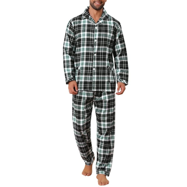 INSPIRAR CHIC Conjunto de Pijamas de Dos Piezas de Manga Larga con Botones Casual a Cuadros en Negro y Verde Talla S