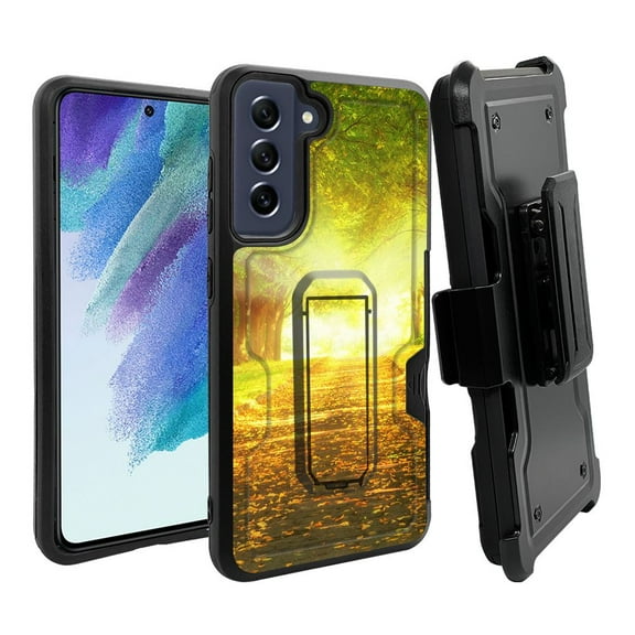 ANJ  Rugged Dual Layer Shockproof Holster Case w/Card Slot, Kickstand   Tempered Glass for Samsung Galaxy S21 FE 5G - Sunrise Walk