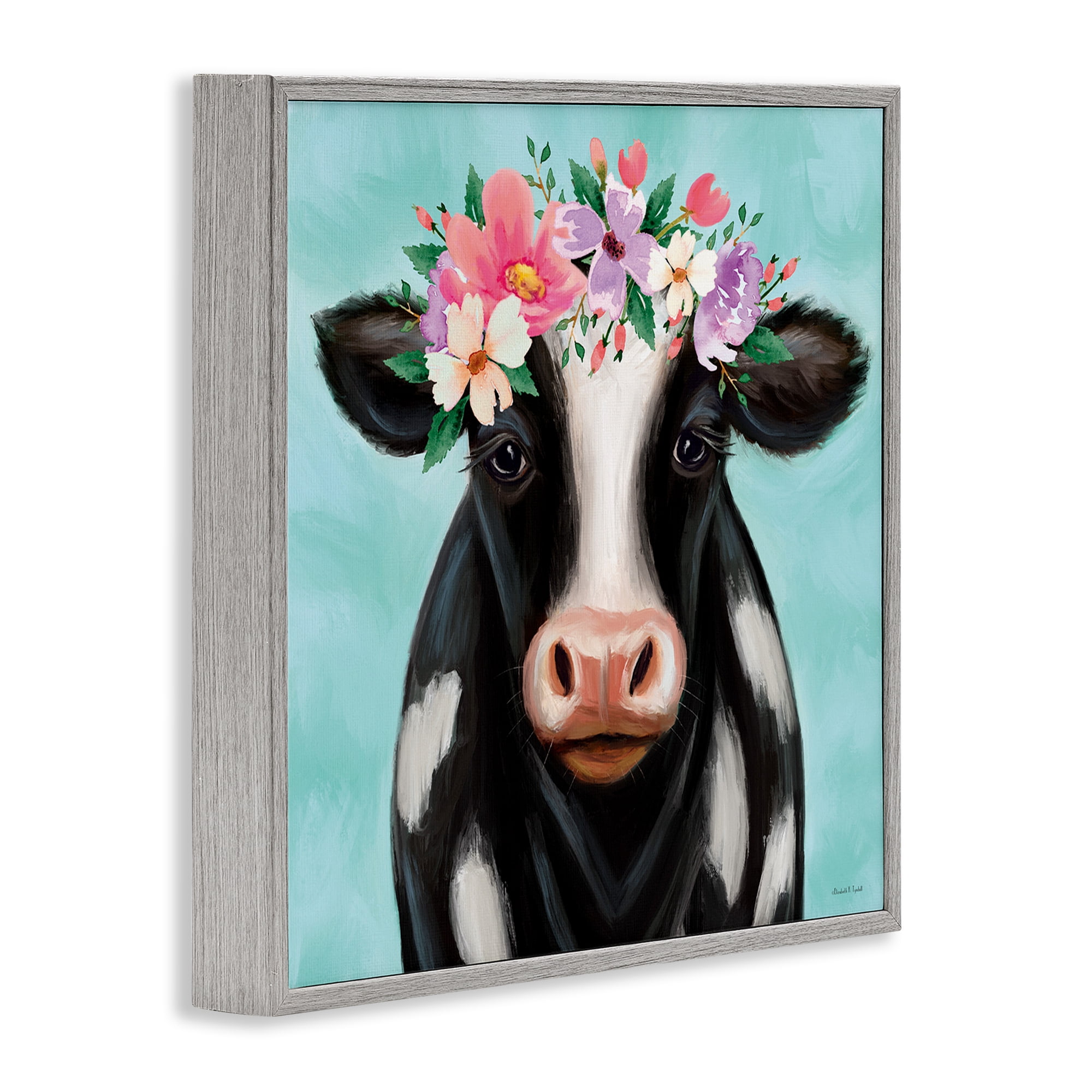 Stupell Industries Cow with Pastel Flowers Animals & Insects Painting Gray Framed Art Print Wall Art, 12 x 12