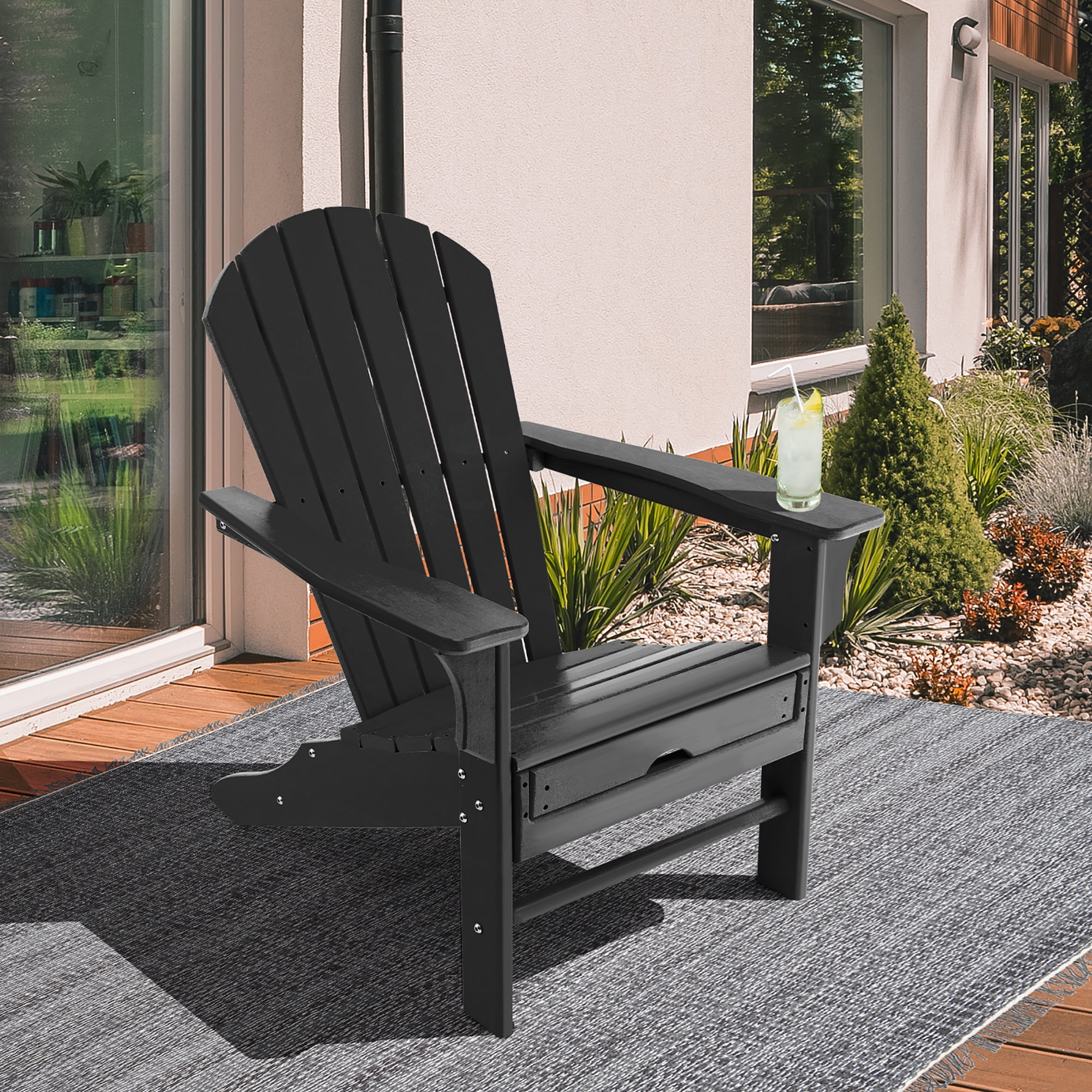 Costway Outdoor Patio HDPE Deck Adirondack Chair Beach Seat Retractable Ottoman Black