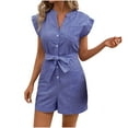 thumbnail image 1 of Lenpel Women's Plus Size Rompers Striped Cap Sleeve V Neck Button down Belted Wide Leg Jumpsuits Casual Overall Shorts with Pockets, 1 of 7
