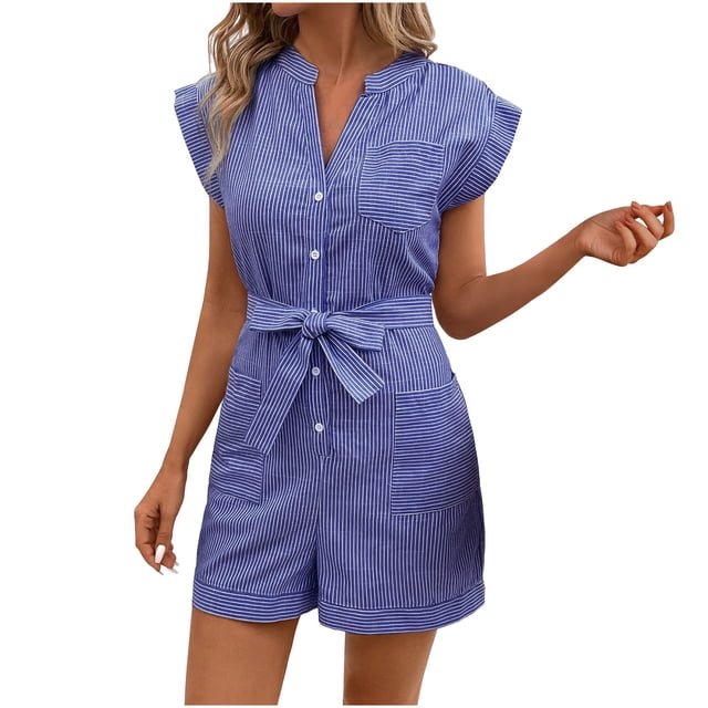 Lenpel Women's Plus Size Rompers Striped Cap Sleeve V Neck Button down Belted Wide Leg Jumpsuits Casual Overall Shorts with Pockets