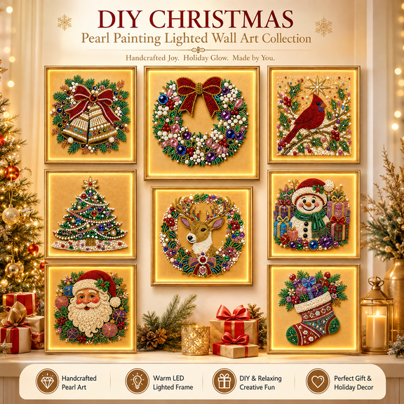 DIY Christmas Pearl Painting Lighted Wall Art, 3D Pearl Painting LED Picture Kit with Inner Frame, Handmade Beaded Christmas Decor for Holiday Home Decoration Gift