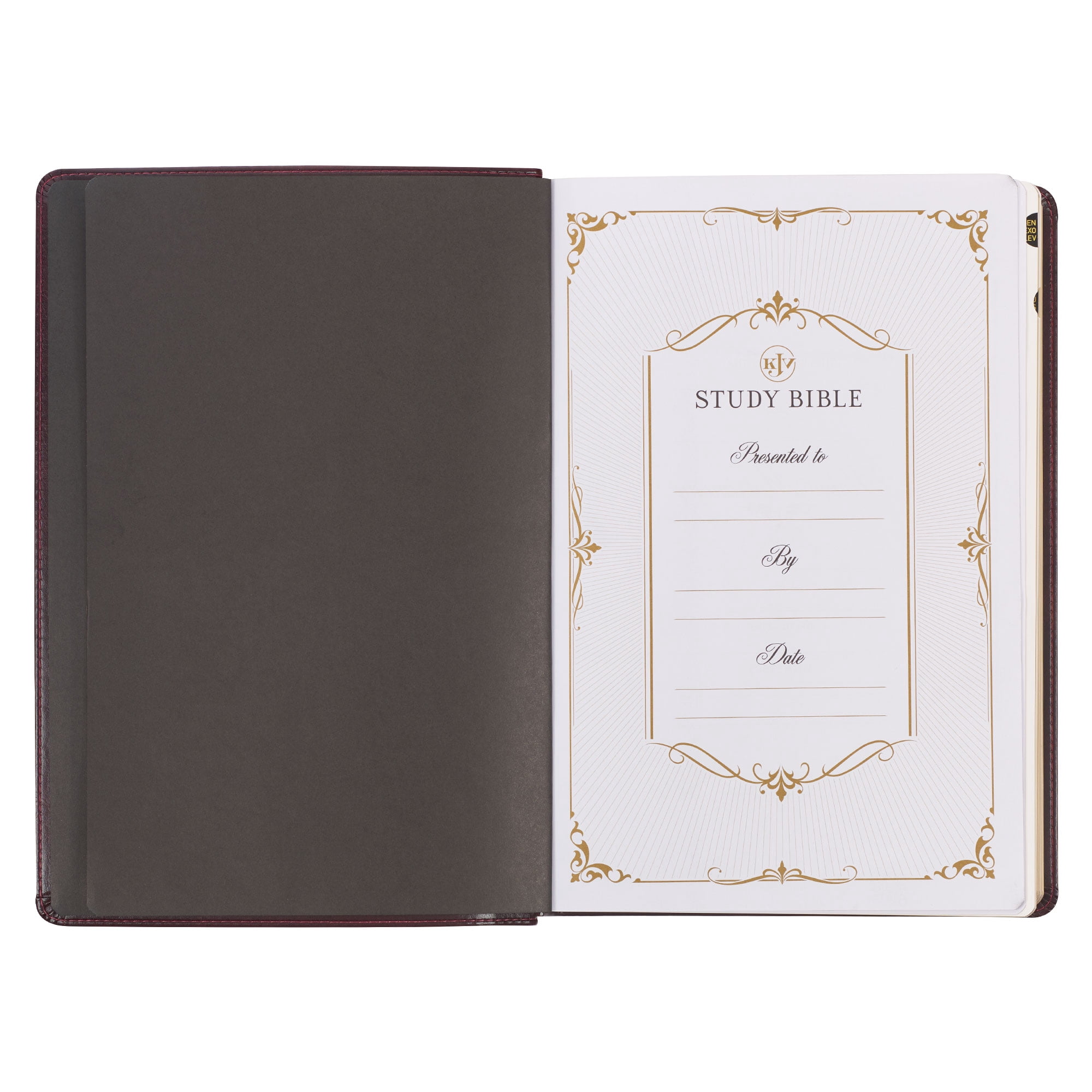 KJV Study Bible, Large Print King James Version Holy Bible, Thumb Tabs, Ribbons, Faux Leather Burgundy/Toffee Debossed