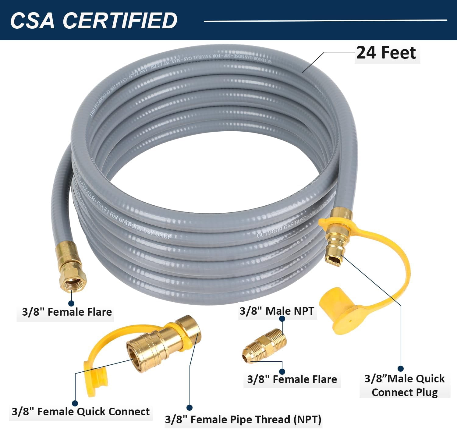 3/8" ID Natural Gas Hose,24FT Natural Gas Quick Connect Hose For Generator, Patio Heater, Grill Griddle, And Outdoor Ng/Lp Propane Appliance