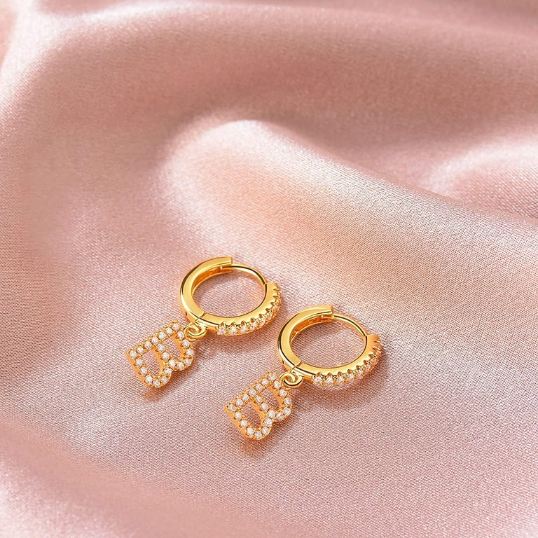 QWZNDZGR 18K Dainty Gold Filled Pave Cubic Zircon Letter Charm Huggie Hoop  Earrings Wear Initials A-Z 26 Letter Charm Earrings Personalized Tiny  Dangle Minimalist Initial Jewelry Symbolic Gift 