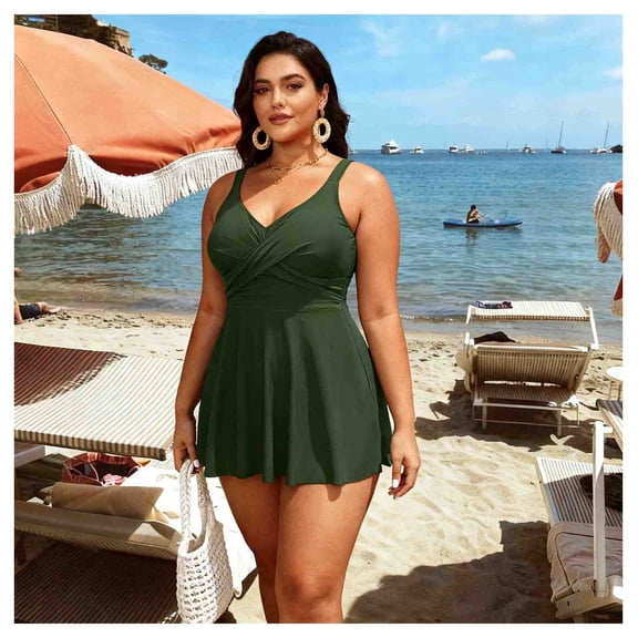 Women's Tummy Control Flared Swim Dress in Olive Green