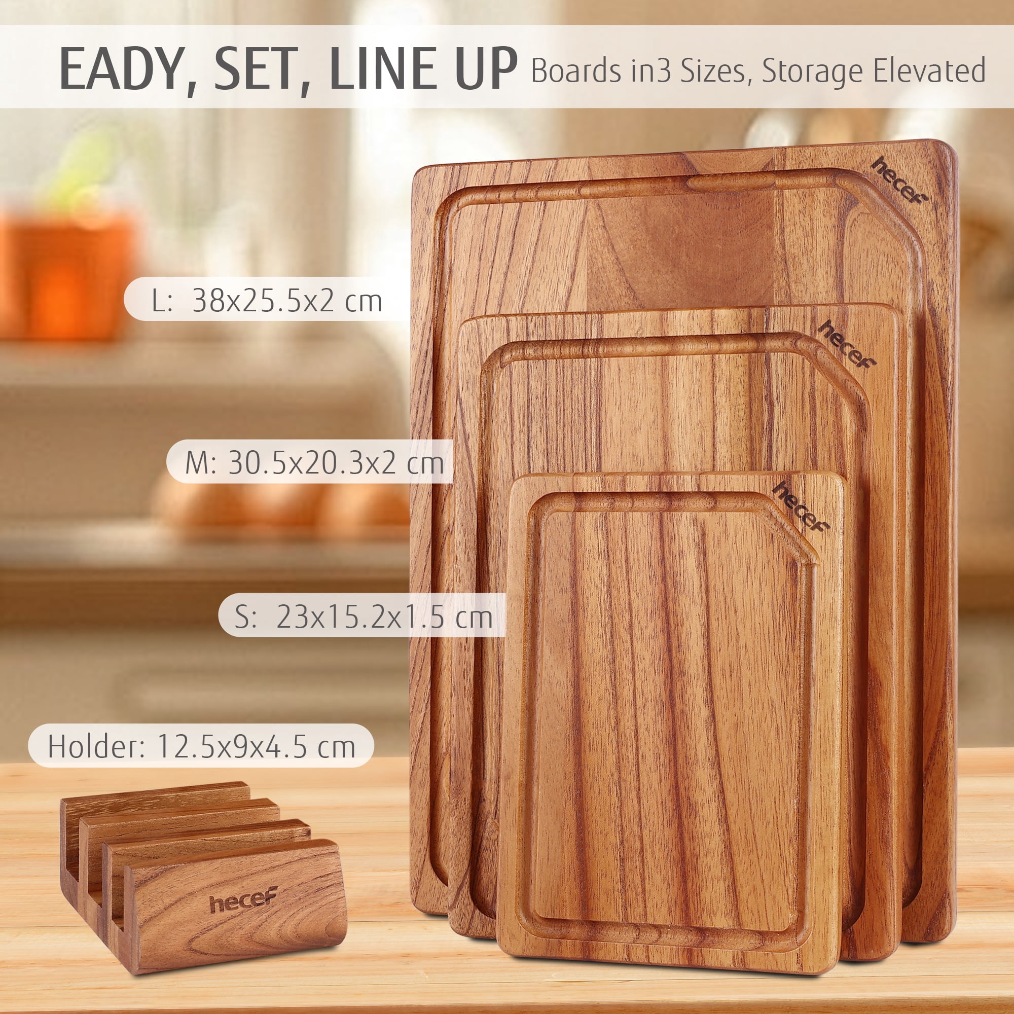 Hecef 3PCS Wood Cutting Board Set with Holder, 15 Inch Serving Board for Kitchen Meal Prep & Serving