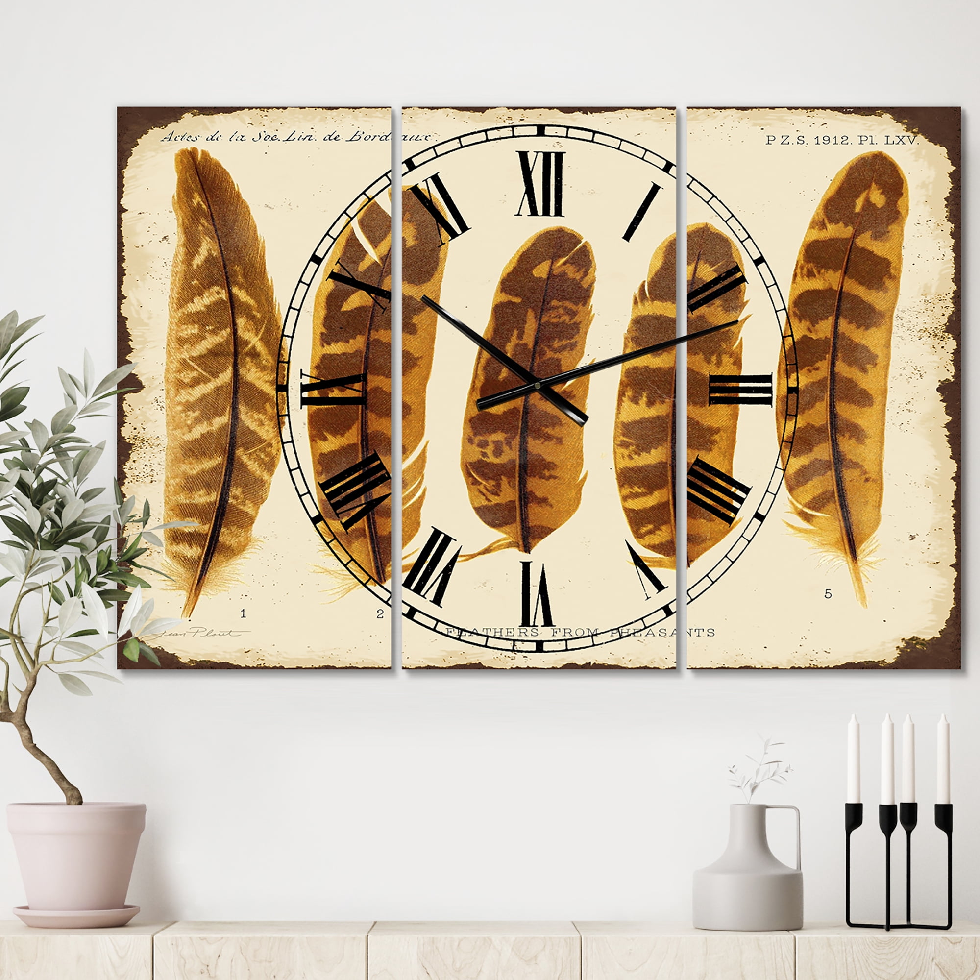 Designart 'Five Pheasant Feathers ' Oversized Cottage Wall Clock