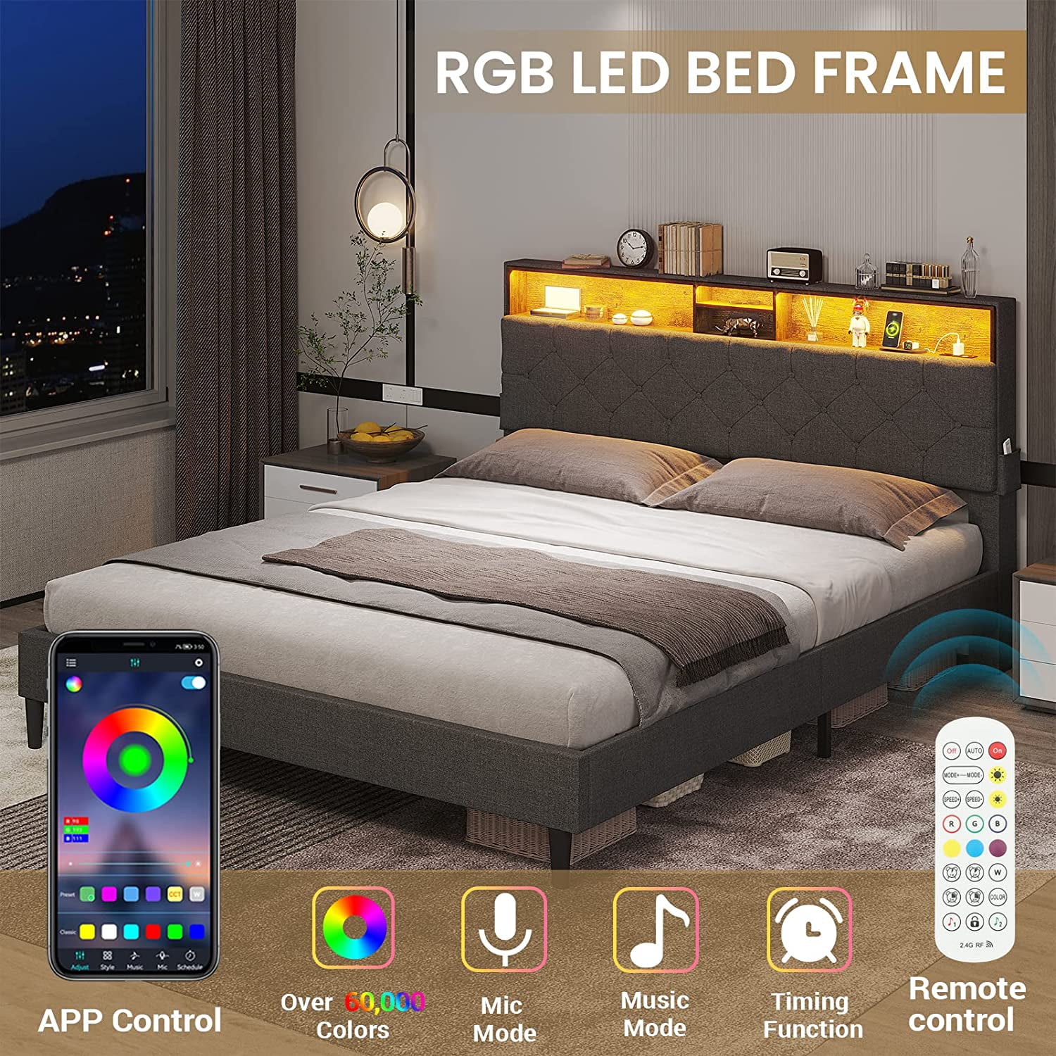 Full Size Upholstered Platform Bed Frame with RGB LED Light&Storage