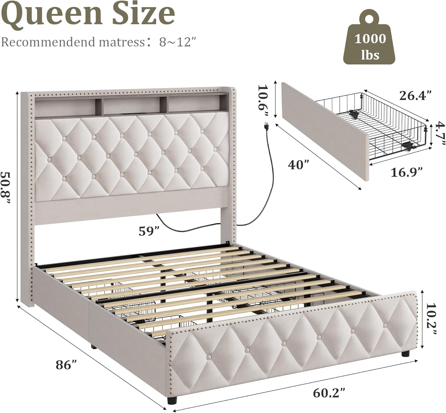 Memoryfield Upholstered Queen Size Bed Frame, Velvet Platform Bedframe with 4 Storage Drawers & USB Charging Station, No Box Spring Needed, Easy Assembly, Beige