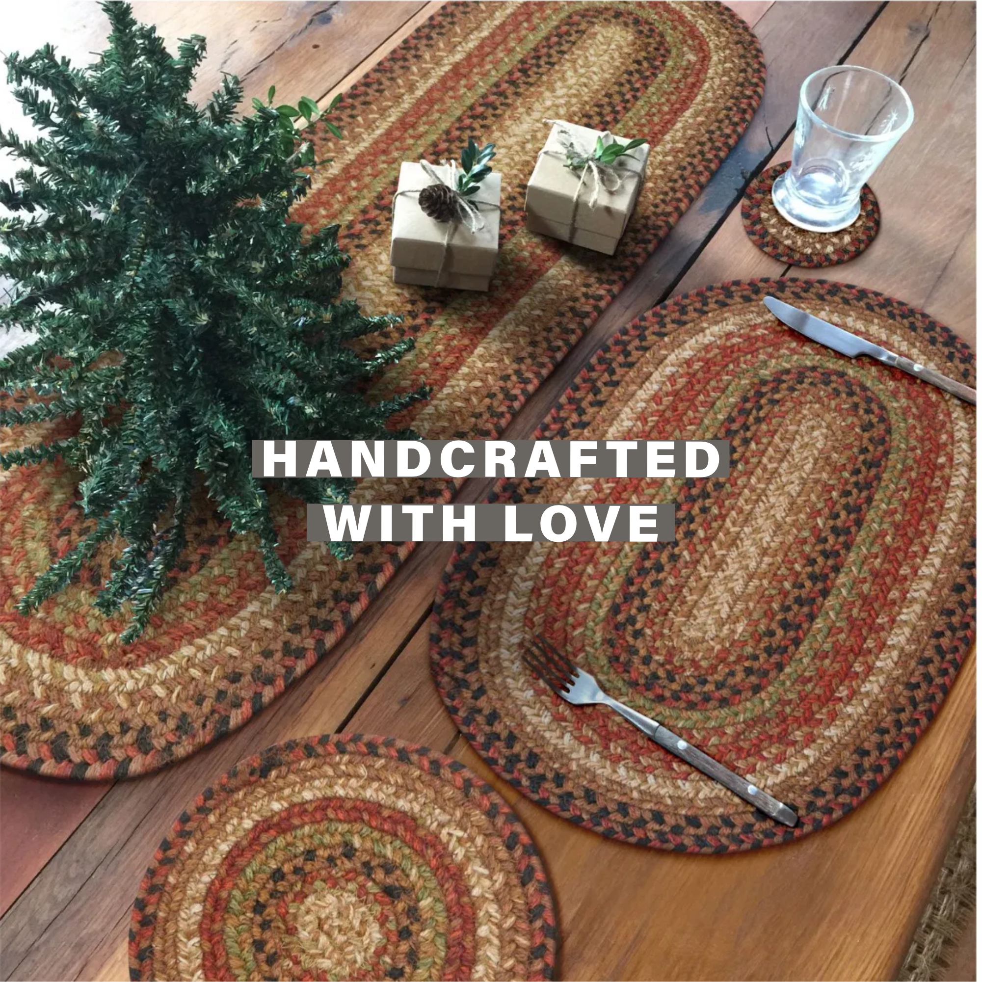 Homespice - Gingerbread Long Country Table Runner, a Perfect Jute Braided Runner to Use as a Dinner Table Runner - Blend of Red, Brown, Green, and Cream - Handmade Textured Table Runner, 11x36 Inches