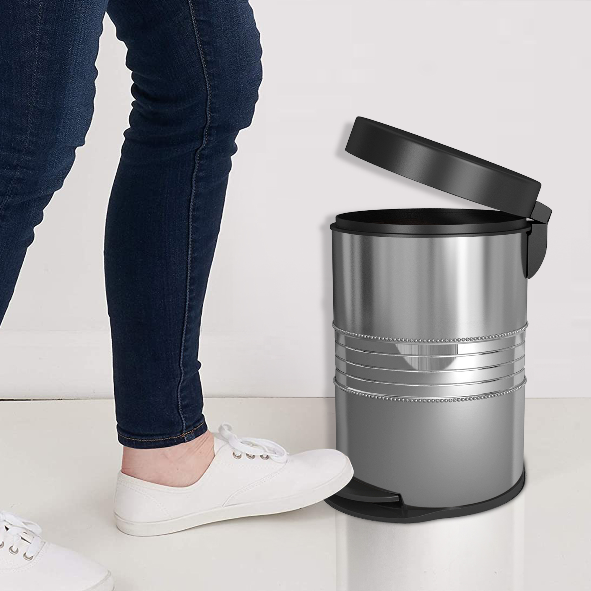 nu steel 5 Liter Round Small Metal Step Trash Can Wastebasket, Garbage Container Bin - for Bathroom, Powder Room, Bedroom, Kitchen, Craft Room, Office - Removable Liner Bucket -Shiny Steel STP-08