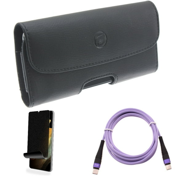 Purple 6ft PD Cable & Privacy Screen Protector & Case Belt Clip for Samsung Galaxy S22 Plus (S22 ) - Combo Type-C to USB-C Long Charger Cord Power & TPU Film (Fingerprint) Anti-Peep & Leather Holster