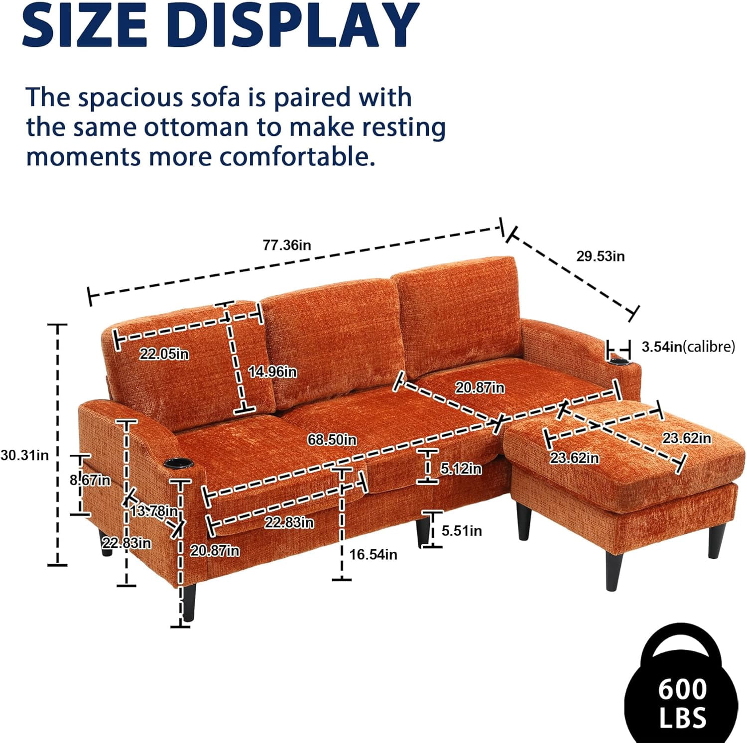 MOONMISS sofa 77.36" 3-seat, L -Shaped Sofa with Movable Ottoman for Living Room,Orange
