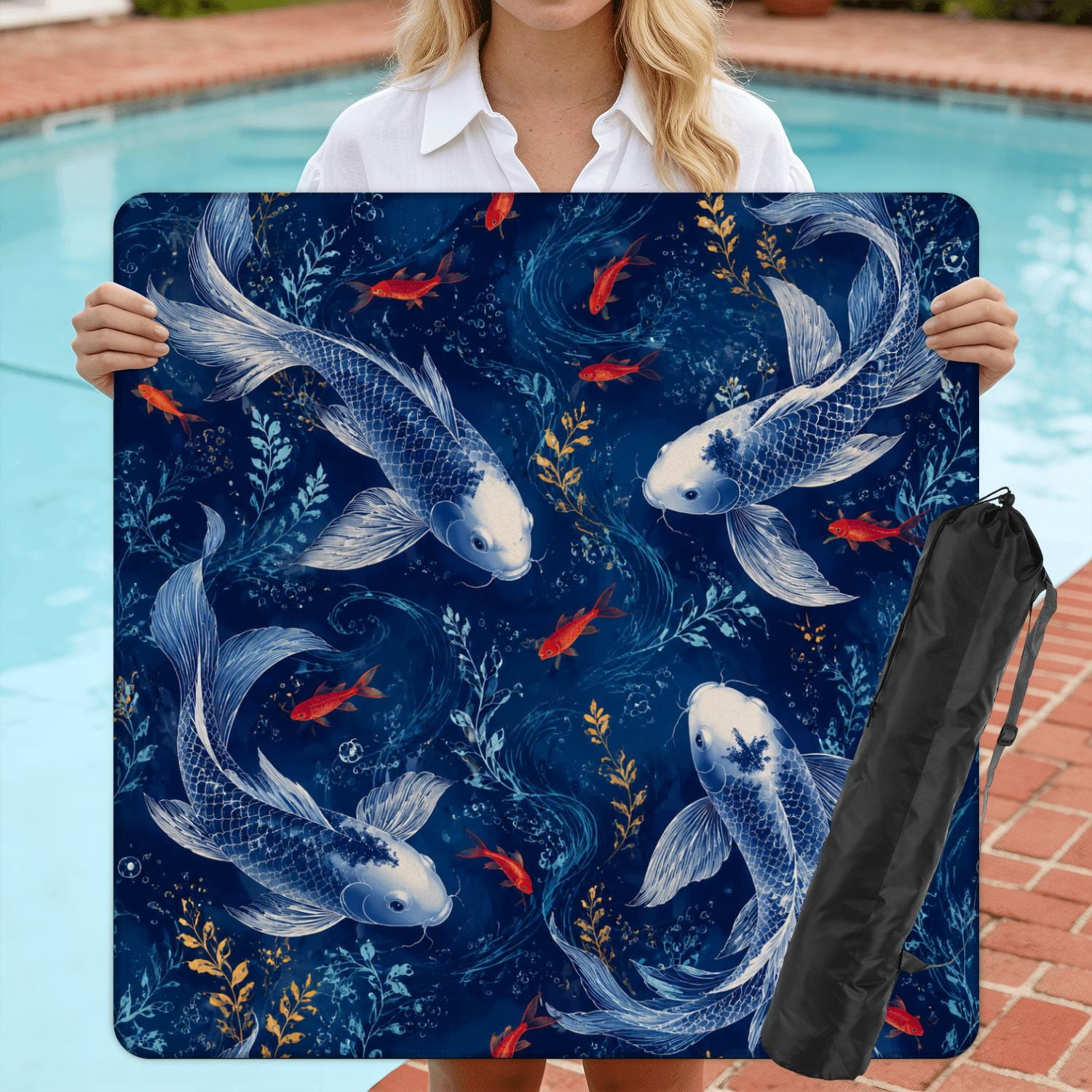 Mahjong Mat 31.5" x 31.5" Fish Flowing Lines Deep Blue Non-Slip Noise Reduction American Mahjong Tiles Table Cover for Dominoes Poker Card Board Games Gift