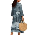 thumbnail image 2 of COEQINE Bohemian Asian 3/4 Sleeve Wrap Dress for Women, Oriental Zen Style Midi Tunic Loose Fit Dress with Linen Feel Casual Sundress, Modest Easy Wash & Wear, Size M, Grey Blue Lotus, 2 of 6