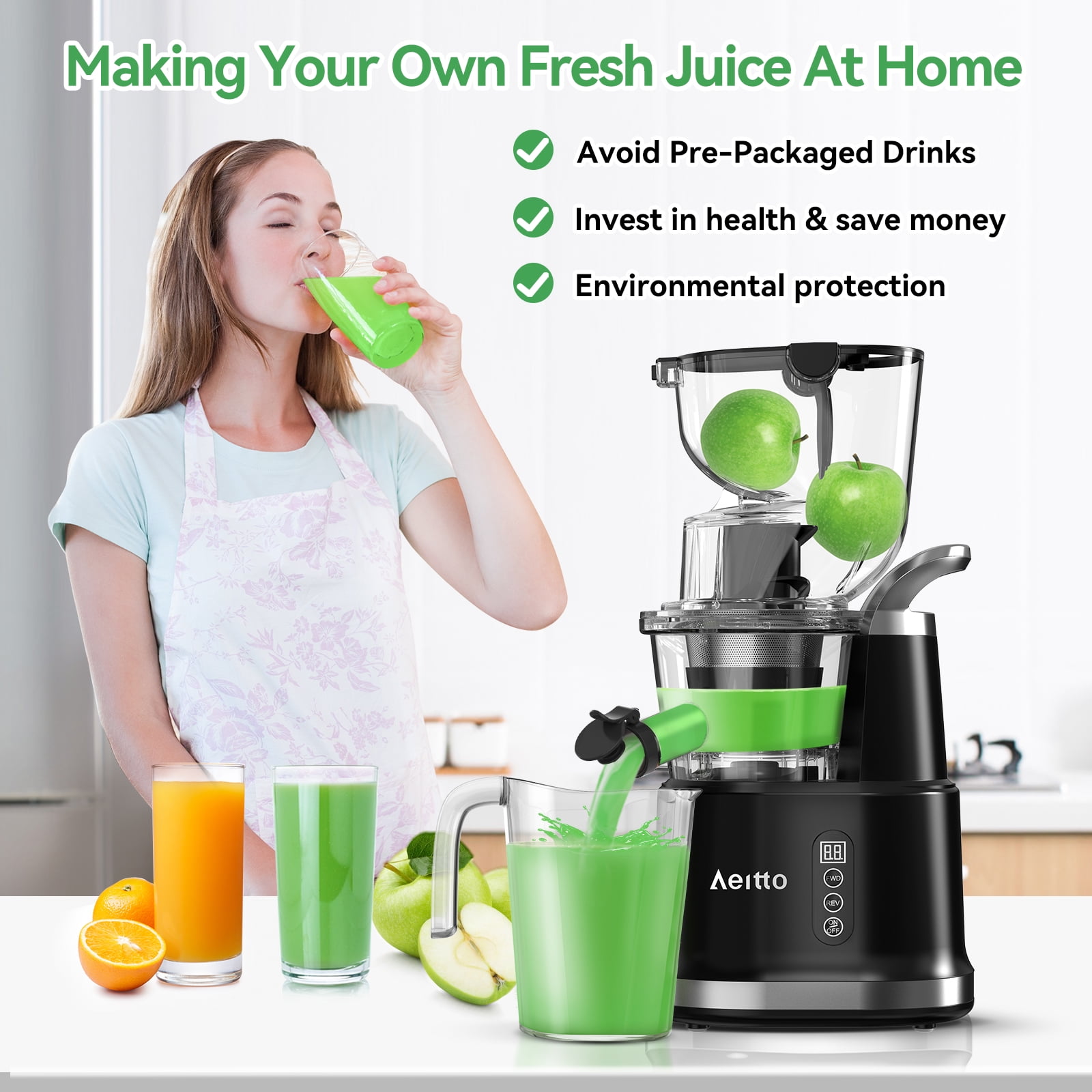 Aeitto Masticating Juicer Machine, Cold Press, Wide 3.3-in Auger, High Juice Yield, Easy Clean, 900ml Cup, Reverse