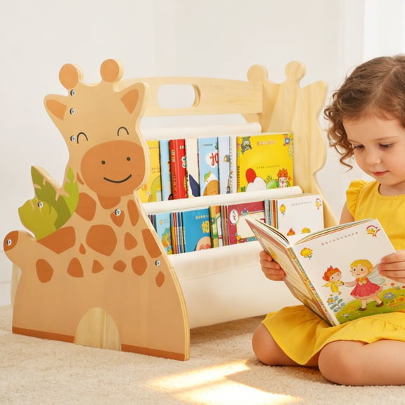 Kid Bookshelf Double Sided 4 Tier Portable Wood Toddler Montessori Bookshelf for Room Bedroom Playroom (Wood)