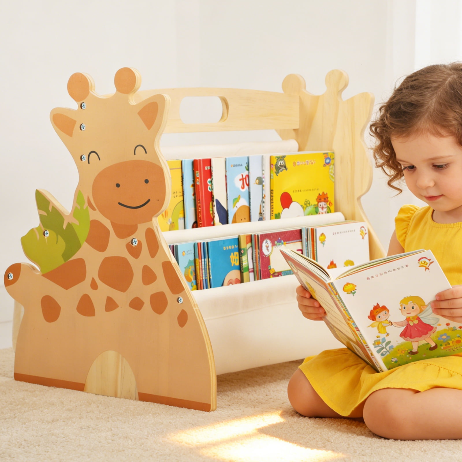Toddler Montessori Bookshelf, Kids Double Sided Bookcase, 4 Tier Fabric Sling Book Organizer for Playroom and Nursery