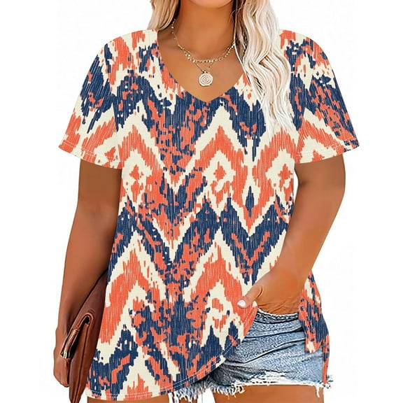 QUNYINEY V Neck Womens Shirts Vintage Casual Short Sleeve Tops Loose Plus Size Going Out Pullover Shirts